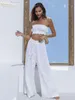 Clacive Sexy Sleeveless Tube Top 2 Piece Sets Womens Outfits Bodycon White Wide Pants Set Lady Elegant High Waist Trouser Suits 220511