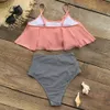 Rosa och rand med hög midja bikini set sexig tank top baddräkt två stycken badkläder kvinnor 2022 nya strandbaddräkter