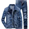 남자 tracksuits 패션 슬림 세트 봄 가을 진한 파란색 데님 면화 긴 소매 재킷 찢어진 구멍 청바지 커플 두 조각 세트