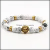 Urok bransolety koraliki kamienna bransoletka 8 mm białe koraliki Lion Owl Buddha Head Elasts Men Hjewelry Drop dostawa biżuteria Dhmfj