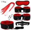 Nxy Bondage 7 Pcs Bdsm Kits Plush Sex Set Menottes Jeux Whip Gag Nipple Clamps Jouets pour Couples Accessoires Exotiques 220421