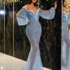 One pcs Sparkle Sequined Mermaid Evening Dresses Luxury Heavy Pearls Beads Prom Dress Abiti Da Cerimonia Da Sera Formal Long Sleeves