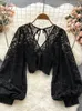 Autumn Black/White/Brown Sexy Lace Blue Women Elegant V-Neck Puff Long Sleeve Open Back Short Tops Female Party Blusa 220725