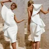 Sexy Arabisch Hoge Kraag Witte Cocktailjurken Split Knielengte 2022 Mode Ruches Schede Avond Galajurken Korte Mooie Vrouw Pa325H