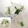 人工白いブライダルブーケ花嫁結婚式の花リボンヘンプロープハンドルブックデイヴァ3色w17979