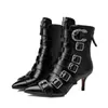Multi Buckle Front Zip Boots Pointed Toe Kitten Heels Women Boots Gladiator 2022 Fashion Sexy Shoes Party Big Size