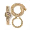 Hip Hop Rose Gold łańcuch kubański link Bransoletka Naszyjnik mrożony kwarc zegarek kobieta i mężczyźni z zestawem biżuterii prezent