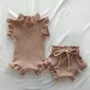 2Pcs Infant Baby Girl Clothes Set Waffle Cotton Ruffle born Vest Romper Tops Bloomer Shorts Suit Baby Summer Outfits Clothing 220509