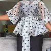 White Blouses Polka Dot Peplum See Through Sexy Thin Transparent Half Flare Sleeves Waist Belt Tops Shirt Women's Fashion Bluas 220518