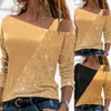Women's Blouses & Shirts Sequined Tops Shirt Women Blouse 2022 Autumn Causal Offioce Skew Collar Patchwork Tees Long Sleeve Pullover Blusas