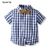 Topp- och mode småbarn pojkar kläder sätter bomullsplikt kort ärmskjorta hängslor shorts baby gentleman 2st kostym 220507