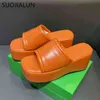 Suojialun 2022 Nya kvinnor Slipper Fashion Orange Square Toe Pu Leather Platform Slides Outdoor Thick Bottom Female Sandals Shoes 220627