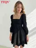 TTQV Seksowne kwadratowe kołnierz czarny mini sukienka jesna długi rękaw Ruched Bodycon sukienka Elegancka klasyczna sukienki dla kobiet 2022 T220804