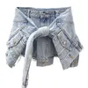 DEAT Women Fashion Slim Blue Patchwork Made Old Washed Fake Two-piece Denim High Waist Shorts Summer and Autumn 7E7052 220427