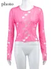 ALLNeon 2000s Aesthetics Vintage Pink Hollow Out Crop Tops Y2K Fashion E-girl O-neck Printing Long Sleeve T-shirts Women