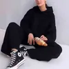 Two Piece Sets Women Homewear Spring Rib Knitted Soft Pajamas Casual Solid Loose Hooded Tops And Wide Leg Pants Suit Sportswear T220729