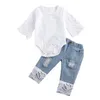 lioraitiin 024M Baby Girls Fall Clothes Sleeve Romper Suit Triangle Crotch Lace Top Hole Long Jeans 2Pcs Outfit 2206023463391