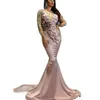 Роскошные бисеропинки русалка вечерние платья 3D Цветочные кружевные аппликации прозрачная шея с длинным рукавом платья для выпускного платья.