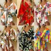 Casual Dresses Summer Beach Elegant Women Sexy V Neck Lace-Up Floral Print Mini Dress Fleared Hleeves Ladies Party Dress Casual