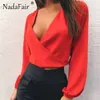 Nadafair Elegante lavoro d'ufficio in chiffon camicette da donna manica lunga bianco nero rosso scollo a V backless fiocco camicetta sexy e top T200502