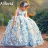 Fabulous Light Sky Blue Menina Menina Vestidos Jóia Neck Sem Mangas Meninas Fluffy Vestidos Formais Fada 3D Floral Lace Appliques Flor Menina Vestidos CL0197