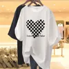 T-shirt femme Jeune femme T-shirt Damier en forme de coeur Long Tees Couples Chemises de mode simples T-shirt vert fluorescent pour et