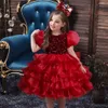 Mooie pailletten Bourgondische bloemenmeisjes jurken baby baby peuter doop kleding knie lengte met kanten boog bloemen tutu kogel jurken cap mouwen kinderen formele slijtage