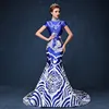 Ethnische Kleidung Hochzeit Hostess Kleid weiblich 2022 neues langes elegantes Modell Walk Show Bühne blau weißes Porzellan Performance Cheongsam blau