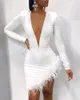 Casual Dresses 2022 Women Elegant Fashion Dress Asymmetrical Long Sleeve Cocktail Mini Solid Plunge Fluffy Irregular Party269o