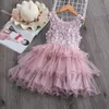 夏の幼児の女の子のレースのケーキのドレス子供のノースリーブの花のメッシュのウェディングドレス子供のための子供の服3から8年220418