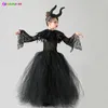 Girls Halloween Evil Witch Black Gown Tutu Dress with Feather Shawl Victorian Kids Dark Queen Villain Cosplay Fancy Costume 220817