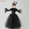 Meninas Halloween Bruxa Evil Vestido Preto Tutu Vestido com Shawl de Pena Victorian Kids Queen Dark Villain Cosplay Fanche Fakspace 220817