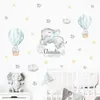 Cartoon Bear Air Balloon Clouds Gray Blue Custom Name Wall Stickers Watercolor Nursery Vinyl Wall Decals for Kids Room Decor 220613