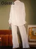 Calças de duas peças femininas odessa feminina camisa plissada conjuntos causais de terno largo largo de manga comprida Blusa alta vesit