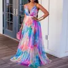 Mode elegant ärmlös sling party klänning sexig djup v backless lady maxi es casual tie dye print kvinnor strand lång 220713