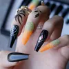 Luxury Black Coffin Spider with Crystal Handmade målning False Nails Orange Glitter Ombre French Press On Nails Gothic 220725