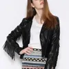 Ailegogo Spring Women Fringed Pu Leather Jacket Streetwear Female Slim Moto Biker Tassel Faux Leather Coat Black Outwear 220815
