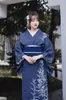 Japanese ethnic clothing Women Flower Print Kimono elegant robe Blue Dress traditional Clothes Sakural V Neck Oriental gown Asian costume