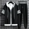 Men s set hooded dragkedja kort ärm toppar elastiska midja byxor kläder två stycken set koreansk streetwear träning 220621