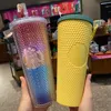 24 oz Personalized Starbucks Mugs Tumbler coffee Water Bottle Iridescent Bling Rainbow Studded Cold Cup with straw 6073 Q2
