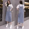 청바지 드레스 싱글 브레스트 큰 주머니 여름 미디 드레스 Womens Denim Sundress 플러스 사이즈 숙녀 느슨한 파란색 서스펜 드레스 5XL