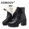 ADBOOV Genuine Leather High Heel Boots Women Real Wool Winter Ankle Boots Double Zips Chunky Women Booties 201104