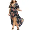 Plus Size Sukienki Dress Kobiety Kwiatowy Drukowane Sexy V-Neck Krótki Bell Sleeve High Low Split Long Maxi Vestidos L-5XL # 25
