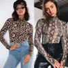 Kvinnors tv￥bitar byxor Kvinnor Leopard Bodysuit f￶r kvinnor Sexig bodycon Skinny Body Suit Turtleneck L￥ng￤rmning