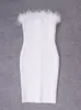 Beaukey White Sexy Women HL Bandage Dresses Bodycon Slash Feathers Club Black Strapless Celebrity Vestido Knä längd 220418