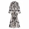 Casual Dresses Women Printed Shirt Dress With Belt Long Sleeves Chic Lady Fashion Button-up Midi Woman Robe