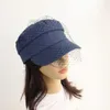 Berets British Style Retro Denim Flat Beret Cap With Mesh Veil Women Girl Sun Protection Visor Button Painter Elegant Military Navy HatBeret