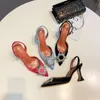 -Quality Amina Begum Kristal-Süslenmiş Saten Slingback Pompaları Muaddi Kristal Elastik Slingback Kayış Ayakkabı Yüksek 8 cm 220325