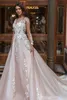 2022 Classic A Line Beach Wedding Dress Sheer Long Sleeves V Neck Embellished Lace Embroidered Romantic Princess Blush Bridal Gowns