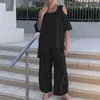 Pantalon deux pièces pour femmes - 4XL 2 pièces/ensemble chemisier couleur unie épaules dénudées été col rond tenue ample pour les vacancesfemmes